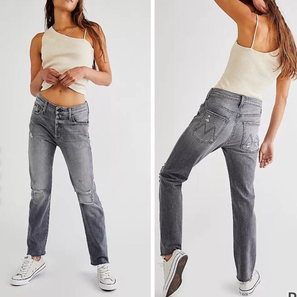 Mother The Scrapper Cuff Ankle Fray Unstitched In The Dark Gray Distressed Jeans